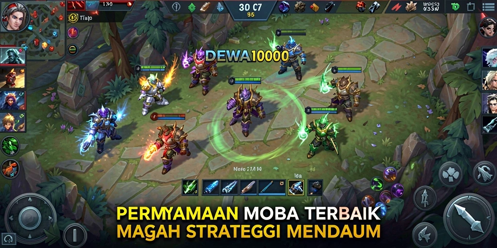 Tangkapan layar permainan DEWA1000 menampilkan aksi seru di arena MOBA.