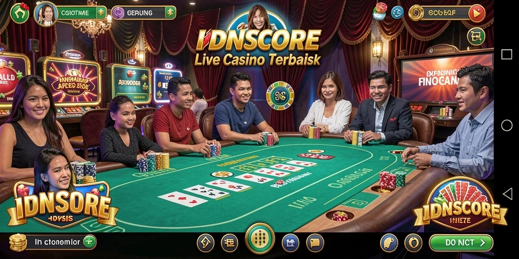 Screenshot IDNSCORE menunjukkan dealer langsung dan gameplay yang seru.