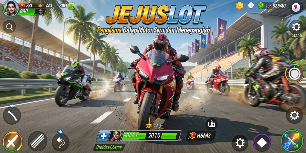 Screenshot menunjukkan penuh aksi balapan motor di JEJUSLOT.