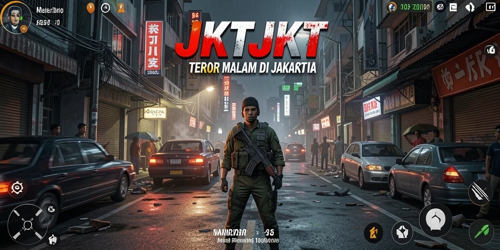 Screenshot gameplay JKTJKT menampilkan suasana horor yang mencekam.