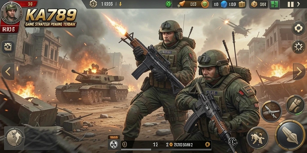 Tangkapan layar utama KA789 menampilkan pertempuran epik dalam game SLG.