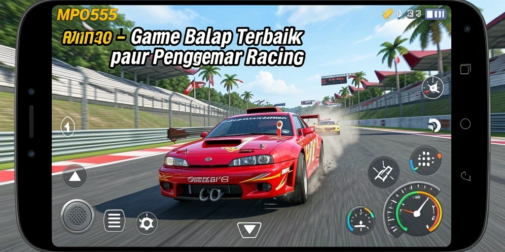 Tampilan gameplay MPO555 yang mendebarkan dengan mobil balap di lintasan.