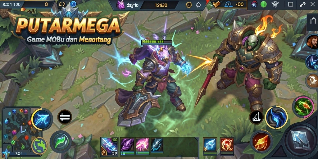 Tangkapan layar PUTARMEGA menampilkan aksi seru dalam pertarungan tim MOBA.