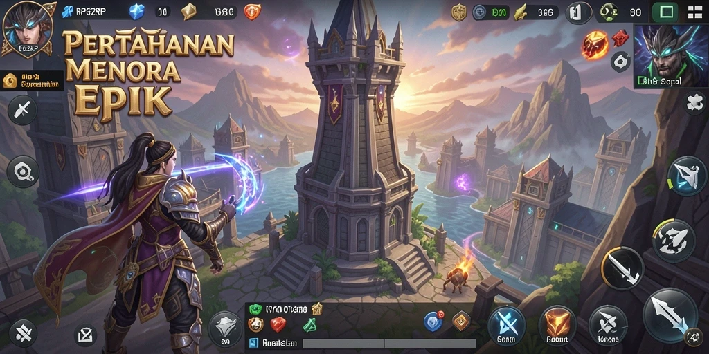 Tampilan gameplay RP62RP menunjukkan menara yang beraksi melawan gelombang musuh.